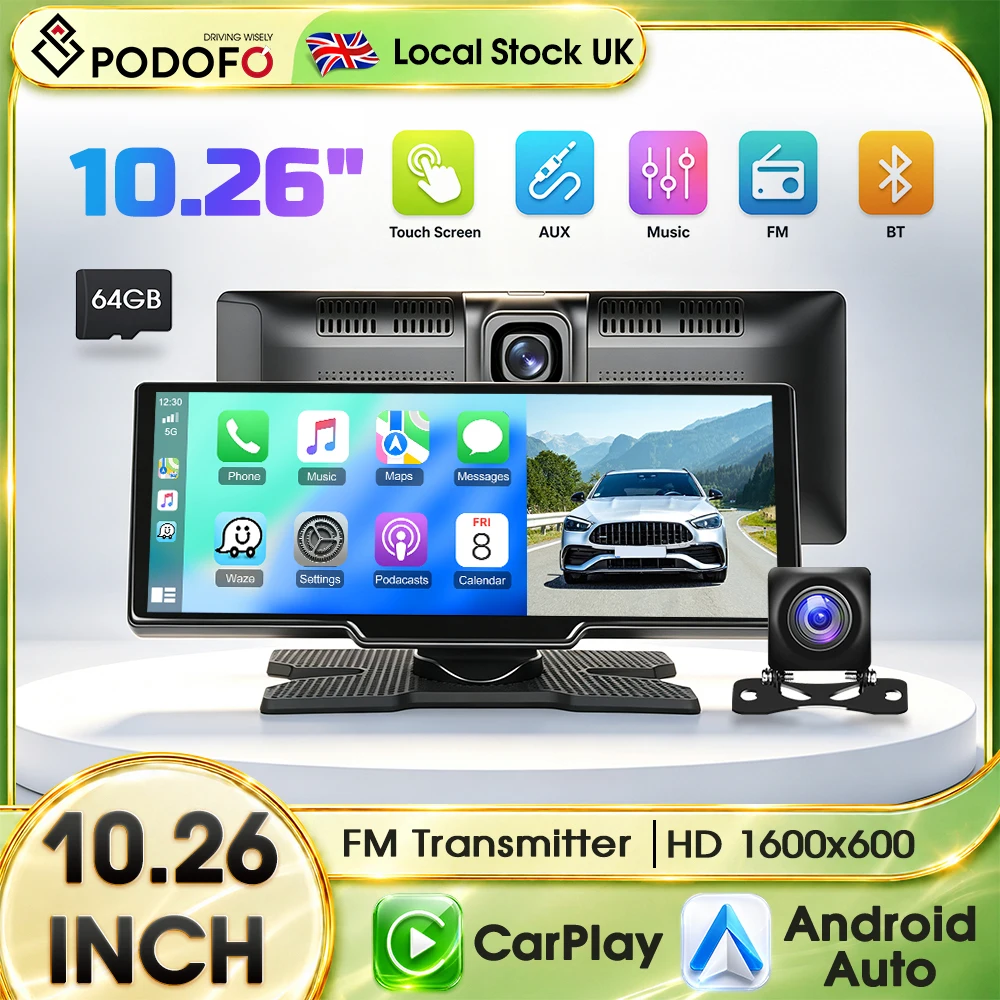 PODOFO 10.26 Inch Smart Car Player Wireless CarPlay Dual Camera