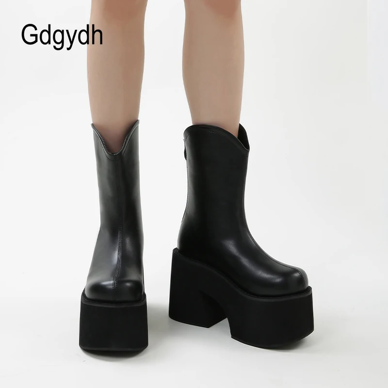 Gdgydh Mid Calf Platform Chelsea Boots Women Chunky Heel Wide Width Back Zipper Goth Shoes Faux Leather Comfy Black Plus Size