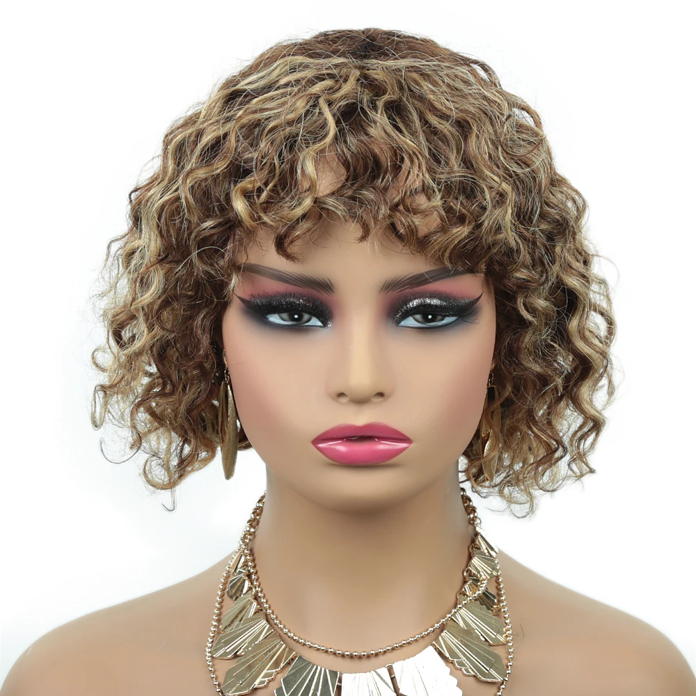 

Women's Curly Wave Bob Wig with Bangs - Rose Net Cap Non-Lace Front Machine-Made Human Hair Wig Basic Style for All Users