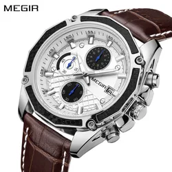 MEGIR Men's Watch Brand Luxury Casual Watch Quartz Chronograph Leather Strap Waterproof Wristwatch Calendar Male Clock 2015