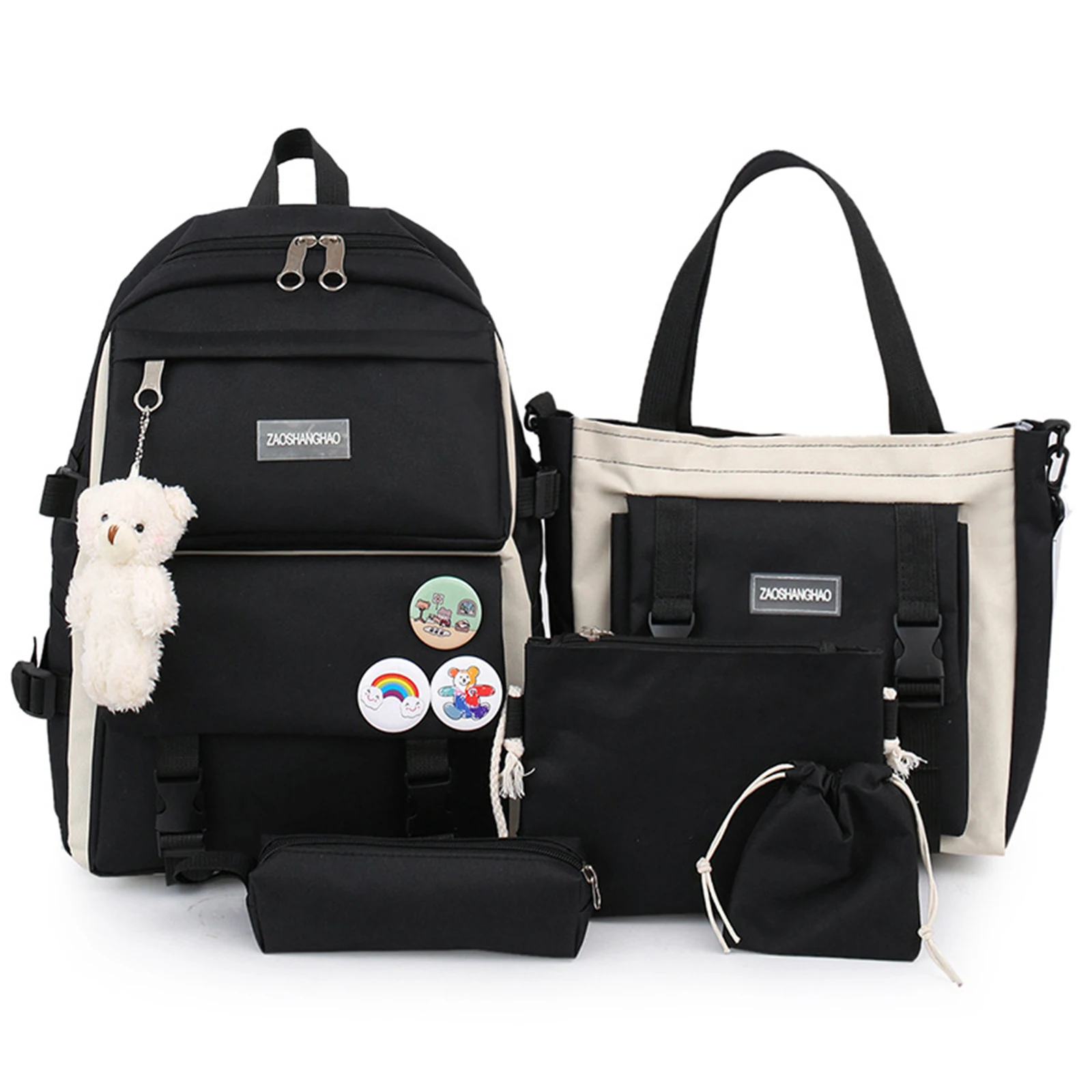 Backpack with Kawaii Pin and Accessories, 5Pcs Kawaii Backpack Combo Kit, Canvas Backpacks, Cute Kawaii Backpack Large Capacity