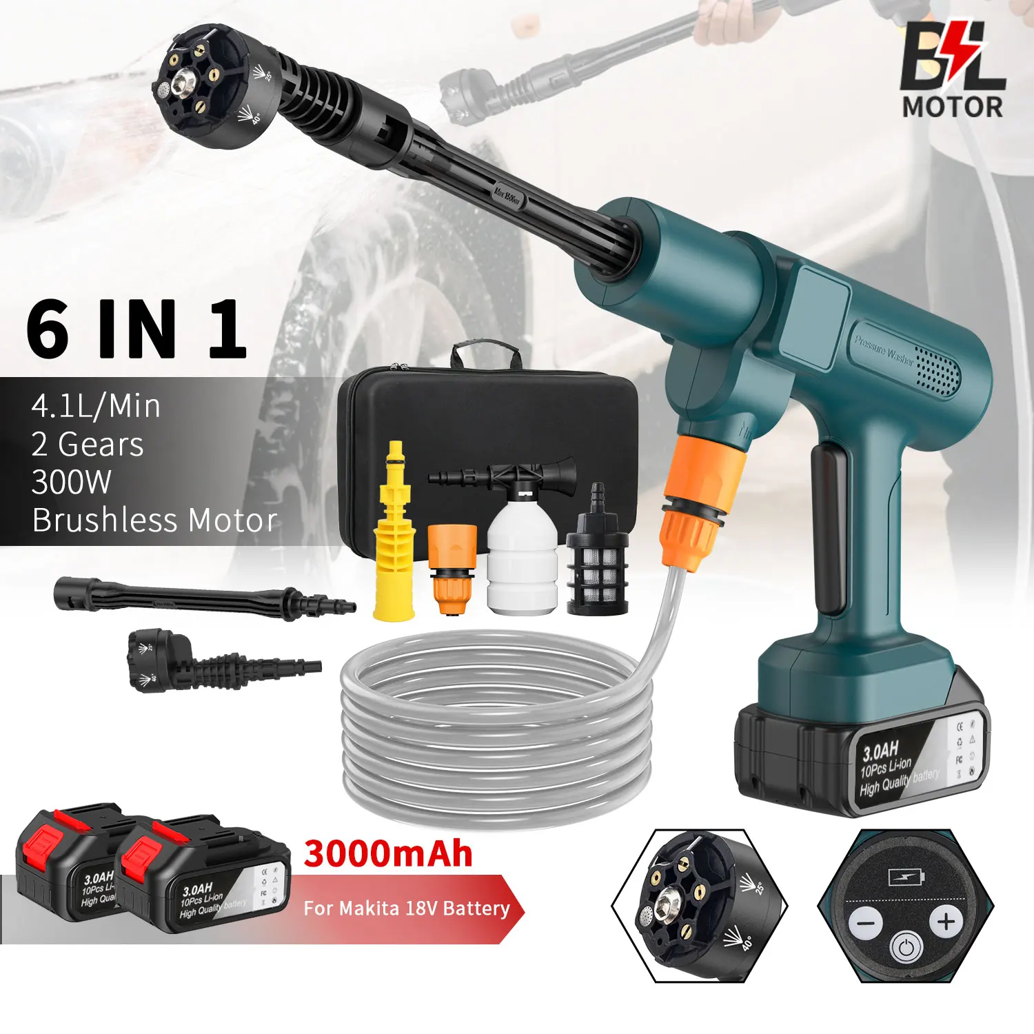 Hidrolavadora Inalámbrica de 18V, Pistola de Lavado de Autos Portátil, Motor sin Escobillas de 300W, Batería de 3.0AH, 35BAR, Boquilla 6 en 1, Autocebante