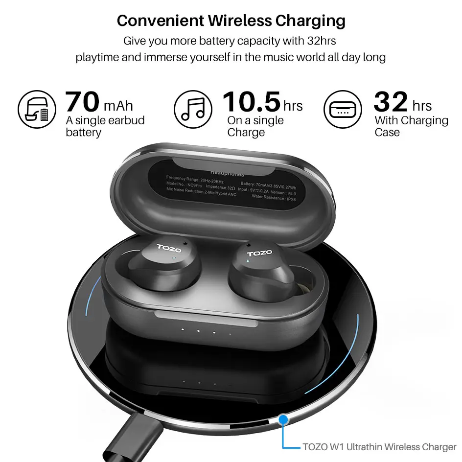 TOZO 2022 NC9 Pro auricolari Blutooth Wireless con cancellazione attiva del rumore, auricolari impermeabili IPX6 con sintonizzazione EQ