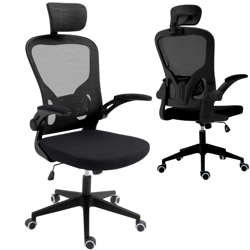 Chaise de bureau ergonomique pivotante avec accoudoirs pliables et appui-tête pivotant, fauteuil avec soutien lombaire, tissu respirant-noir