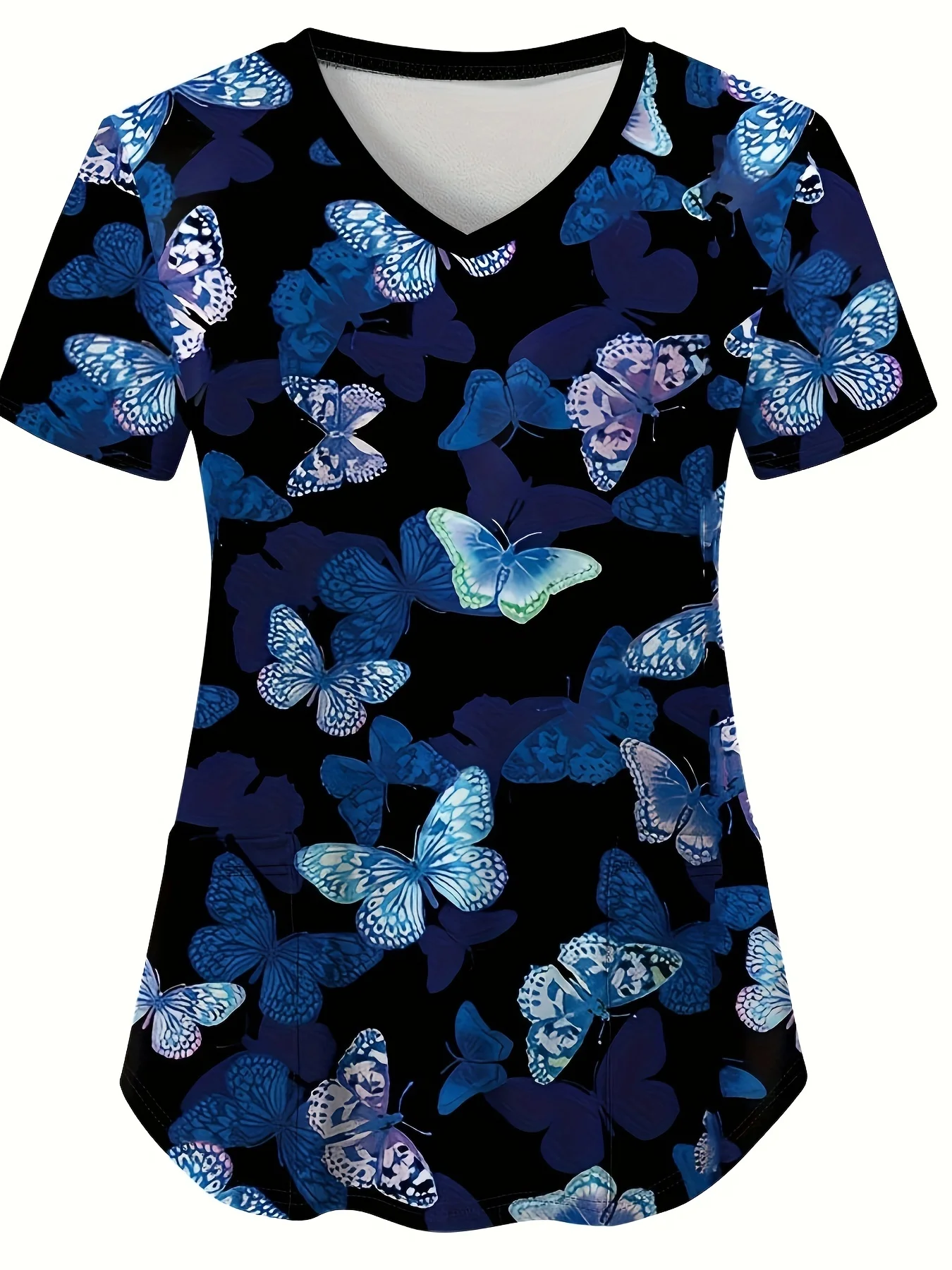 Medical Clothes Elegant Butterfly Print V-Neck Surgical Uniform Woman Short Sleeve Color Patch Pocket Top Clinical Uniform Woman