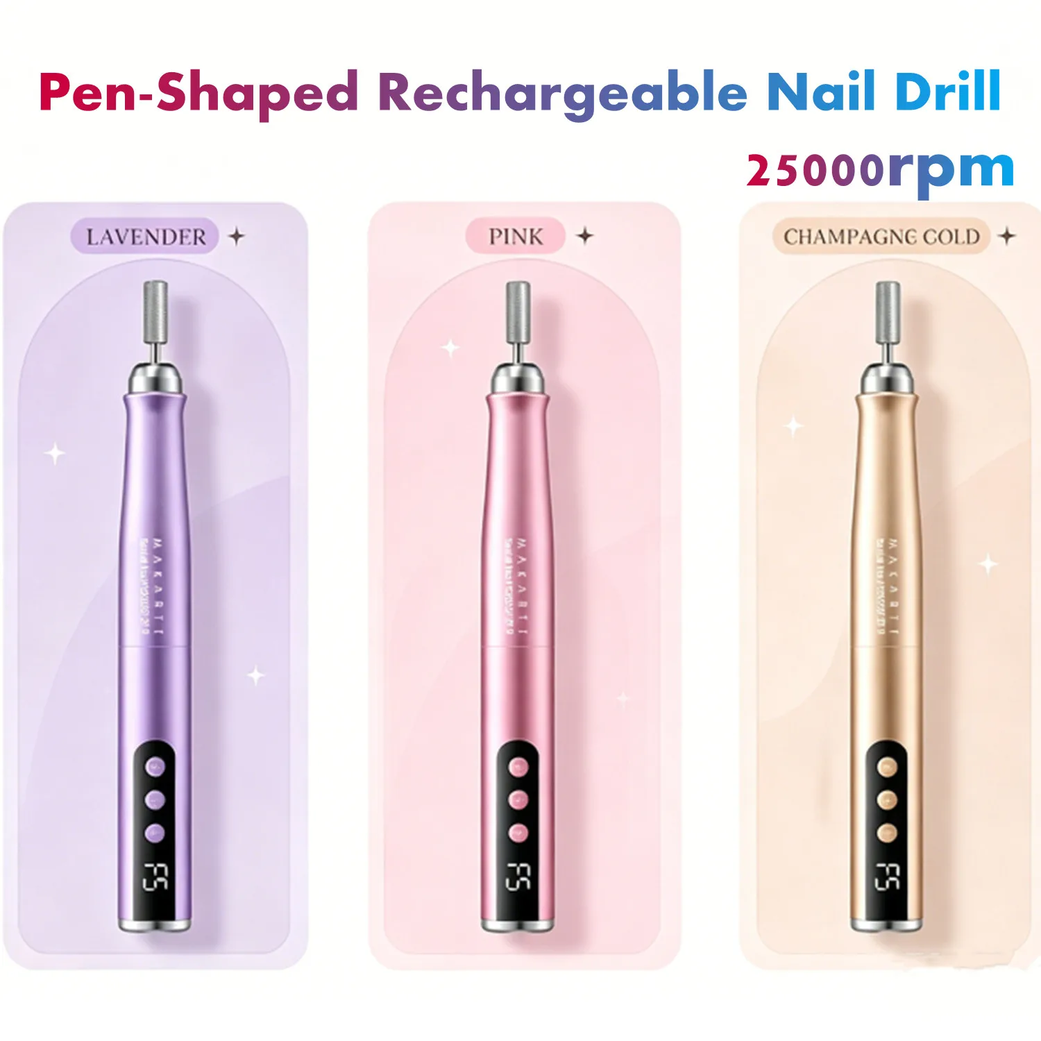 

Makartt Pen-Shaped Rechargeable Nail Drill 25000RPM Cordless Electric Nail File 5-Speed LED Display Lightweight Quiet E File Kit