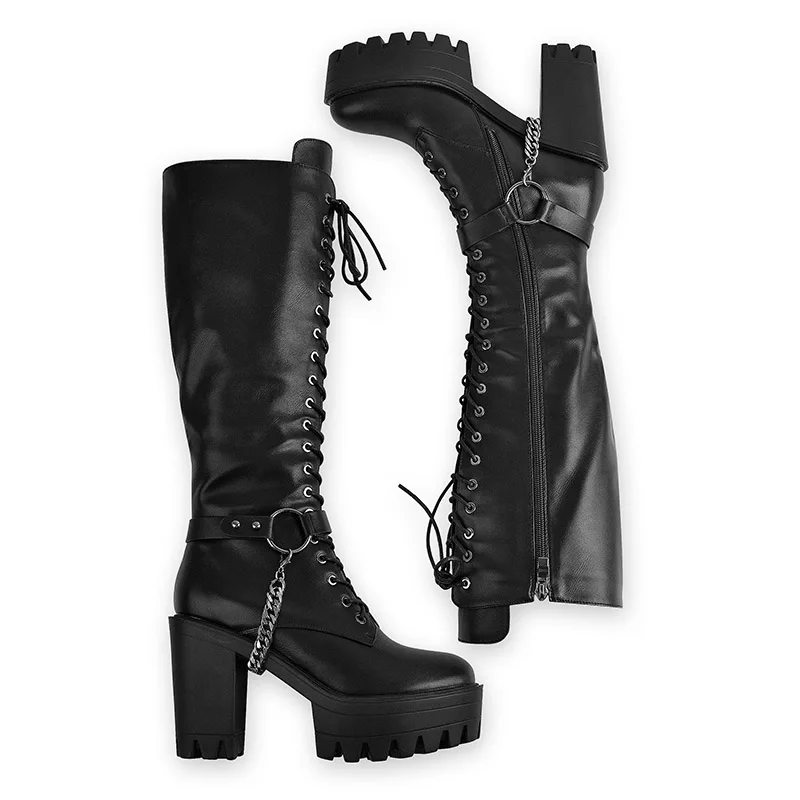 Onlymaker Women Black Matte Platform Front Lace-Up Side Zip Knee High Boots Lady Fashion Classic Big Size Winter Boots