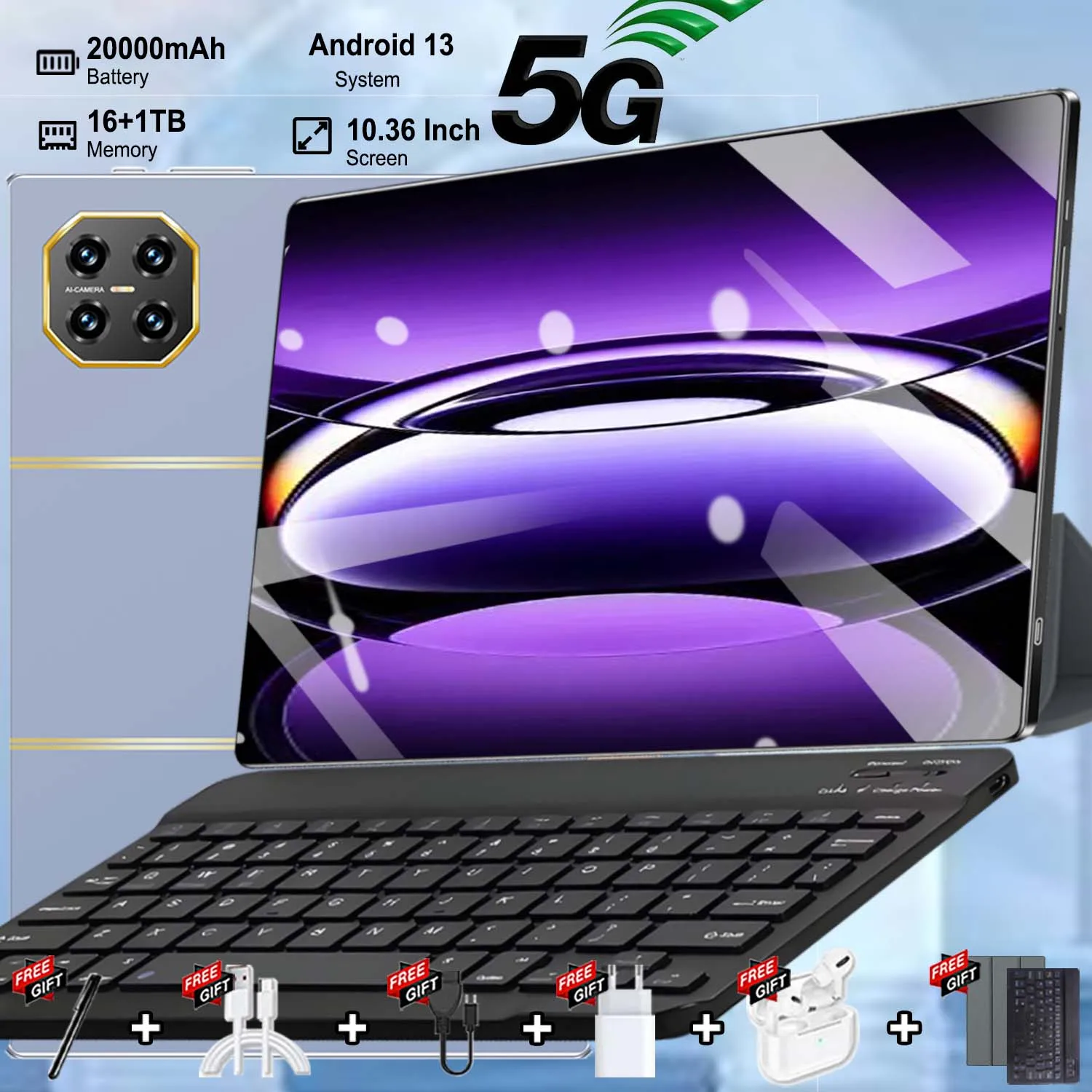 Tableta Android 20000mAh 16GB de RAM 1TB de ROM Tableta WiFi BT Cámara de 16MP+32MP 10.3 pulgadas 5G Doble SIM Android 13 Tableta GPS de 14