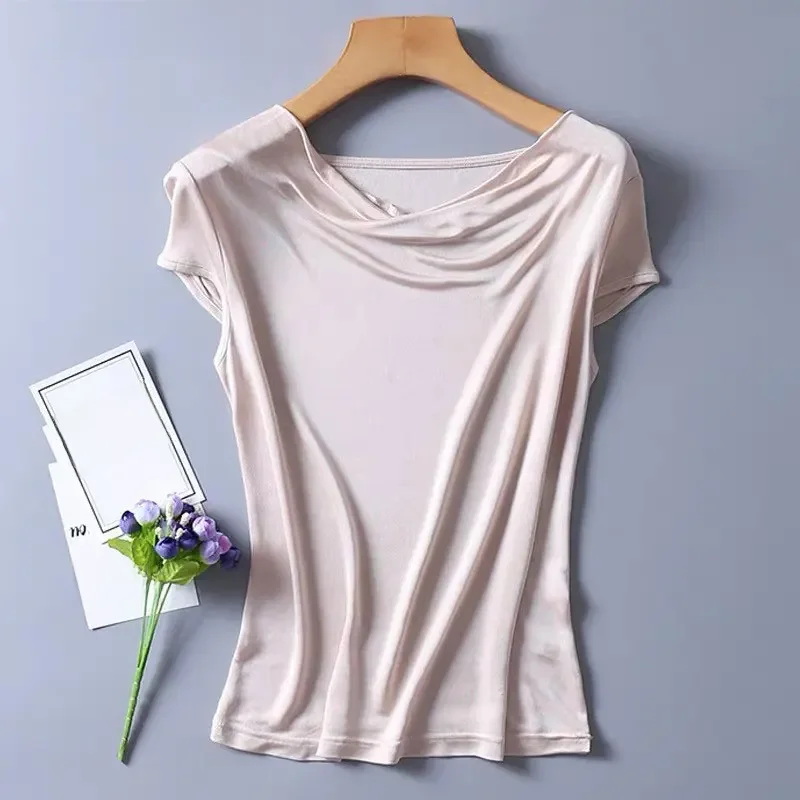 Damska 50% jedwab 50% wiskoza dzianiny serwet Neck t-shirty top 8 kolory M-2XL SJ305 — zdjęcie 2