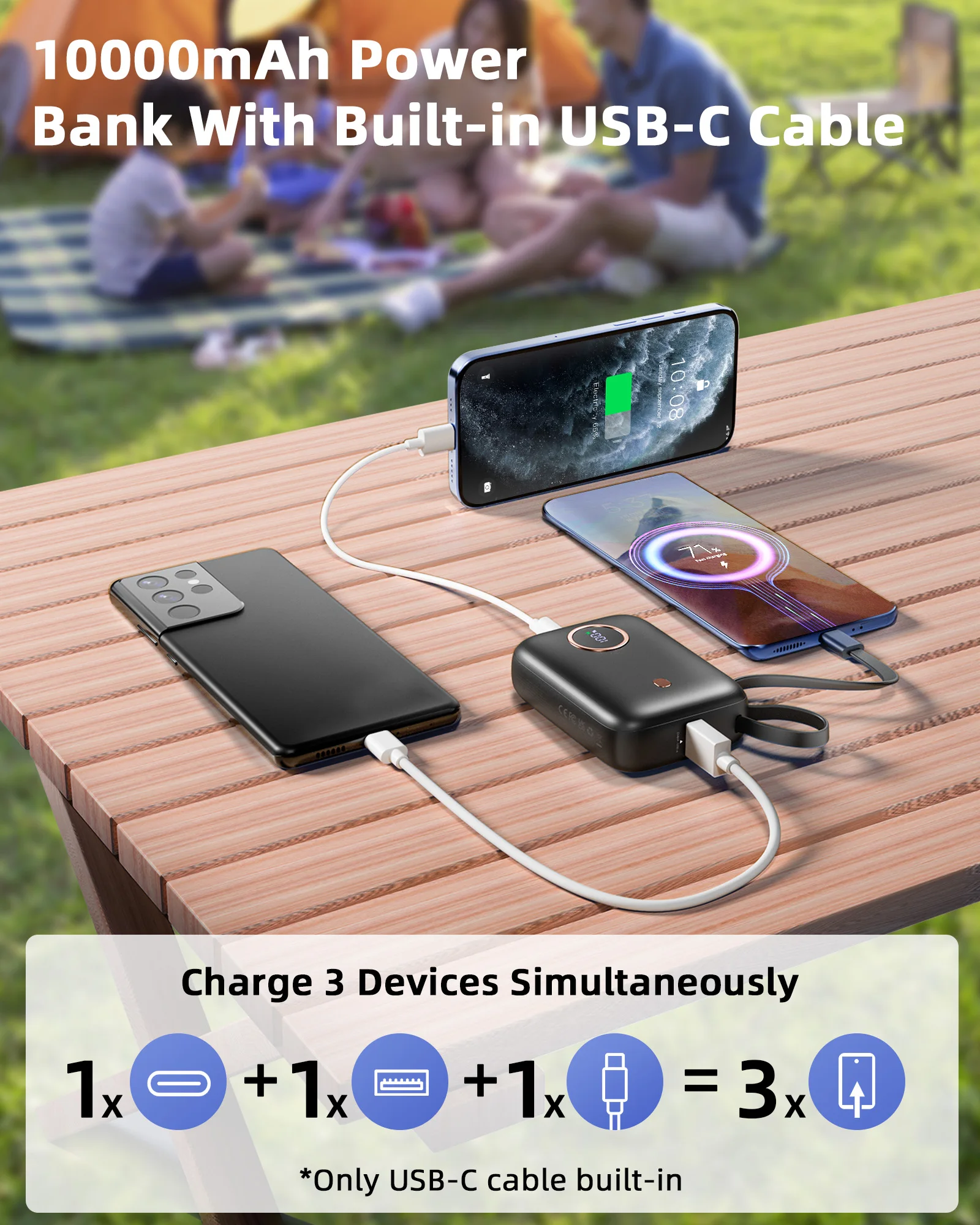 10000 mAh Mini-Powerbank, ultrakompaktes tragbares Ladegerät mit integriertem Kabel, 22,5 W Schnellladegerät für iPhone Samsung Android.