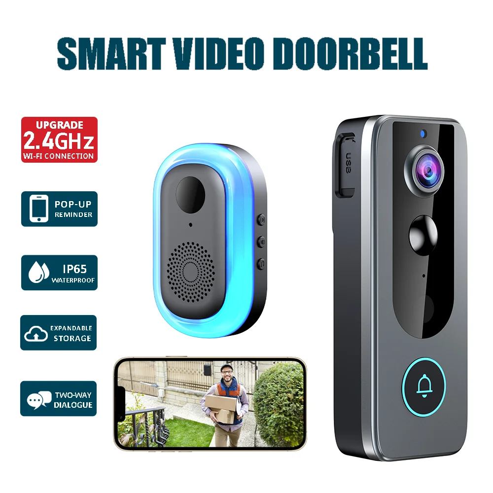 1080p-wi-fi対応ビデオドアベルカメラ、ワイヤレススマートドアベル、ip65防水、4000mahバッテリー、双方向音声通話、暗視機能、tuyaアプリ対応。