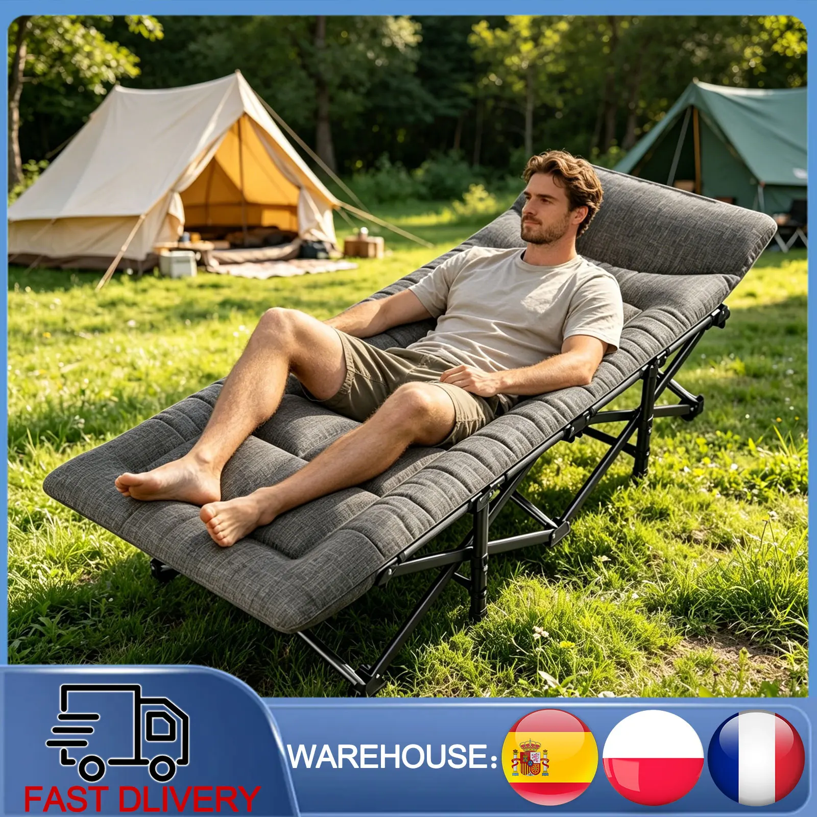 Cama Plegable Portátil para Camping con Cojín Integrado y Almohada de Algodón, Silla Reclinable para Exteriores con Marco de Hierro Estable Antideslizante, Bolsillo Lateral de Almacenamiento, Transpirable, para Viajes, Pesca, Oficina, Siesta