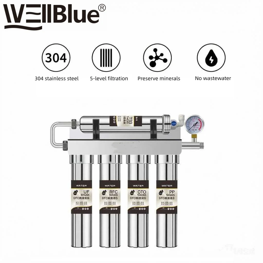 Filtro per Acqua WEllBlue a 5 Stadi con Ultrafiltrazione, Purificatore da Cucina in Acciaio Inox, Rimozione del Cloro, Ritenzione dei Minerali, per Bere Direttamente
