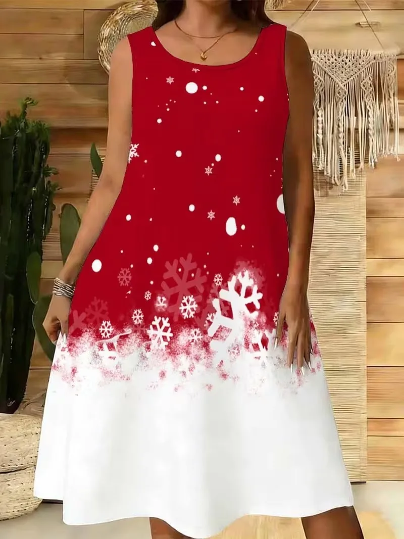 3D Christmas tree Christmas snowman print Christmas party dress, women's sleeveless round neck casual A-line mini dress Vestidos