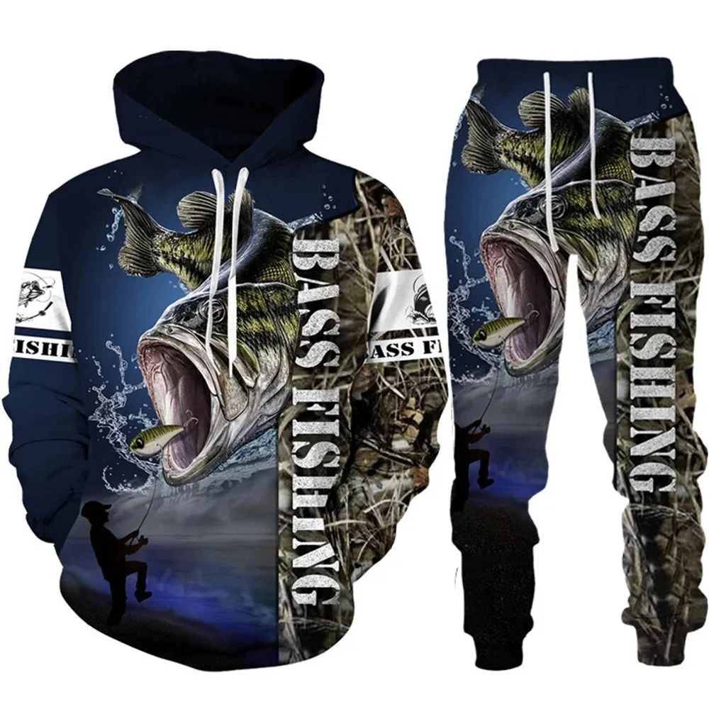 Novelty 3D Fish Printed Men Women Hoodie And Pants 2pcs Sets Camo Fishing Hunting Camping Clothes Fashion Outdoor Sportswear Set