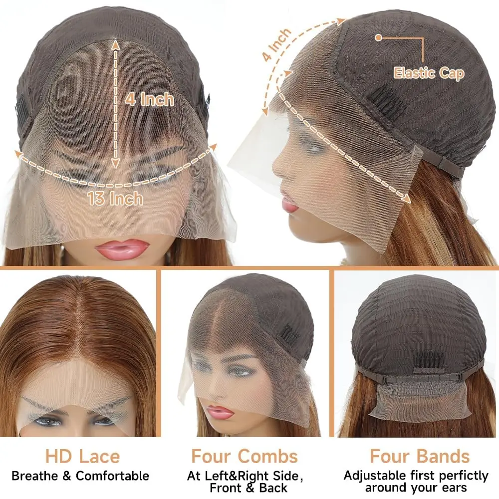 34インチ 13x4 HDハイライトウィッグ カラーレースフロント人毛ウィッグ 女性用 ハニーブロンド ストレート HDレースフロントウィッグ 人毛