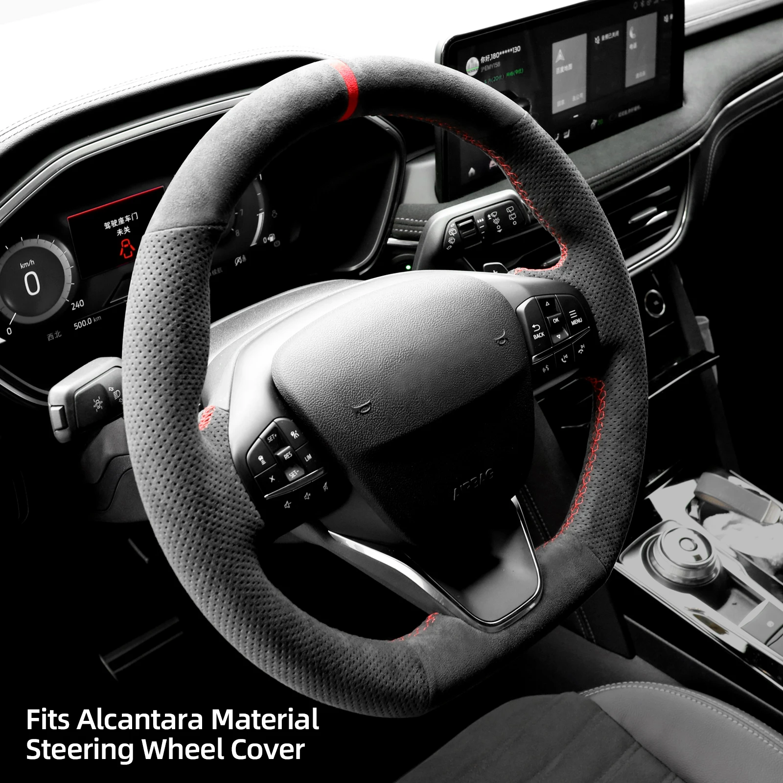 Hand Stitch Steering Wheel Cover for Alcantara Material for Ford Focus Fiesta Kuga Puma ST ST-Line (Red Stripe)