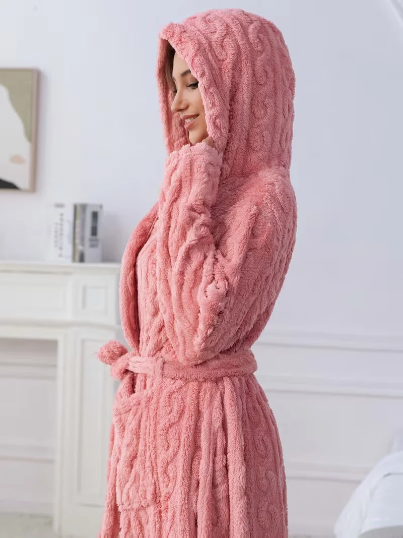 Pink Flannel Female Long Robe Lounge Wear Thicken Coral Fleece Hooded Bathrobe Gown Autumn Winter Loose Sleepwear Home Dress view 3