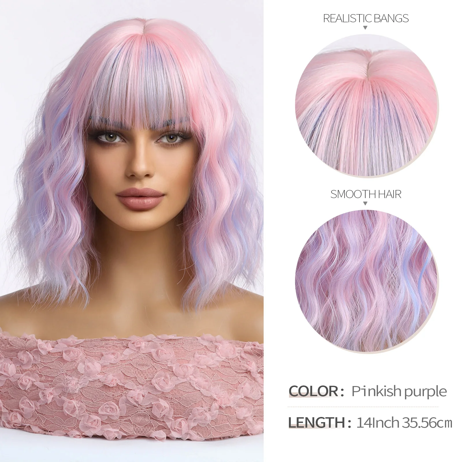 Short Wavy Bob Synthetic Wig with Bangs Pastel Purple Pink Ombre Heat Resistant Fiber Full Cap Wig for Women Daily Party Cosplay
