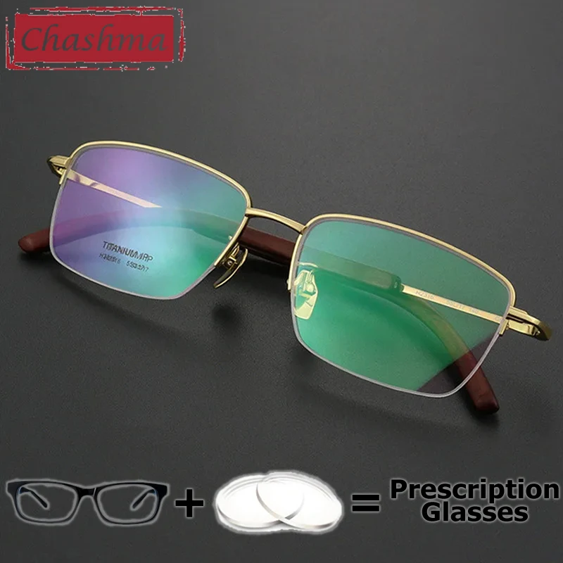 Chashma Prescription Glasses Men Top Quality Pure Titanium Sandalwood Spectacles Gentlemen Semi Eyeglasses Frame Multifocal Lens