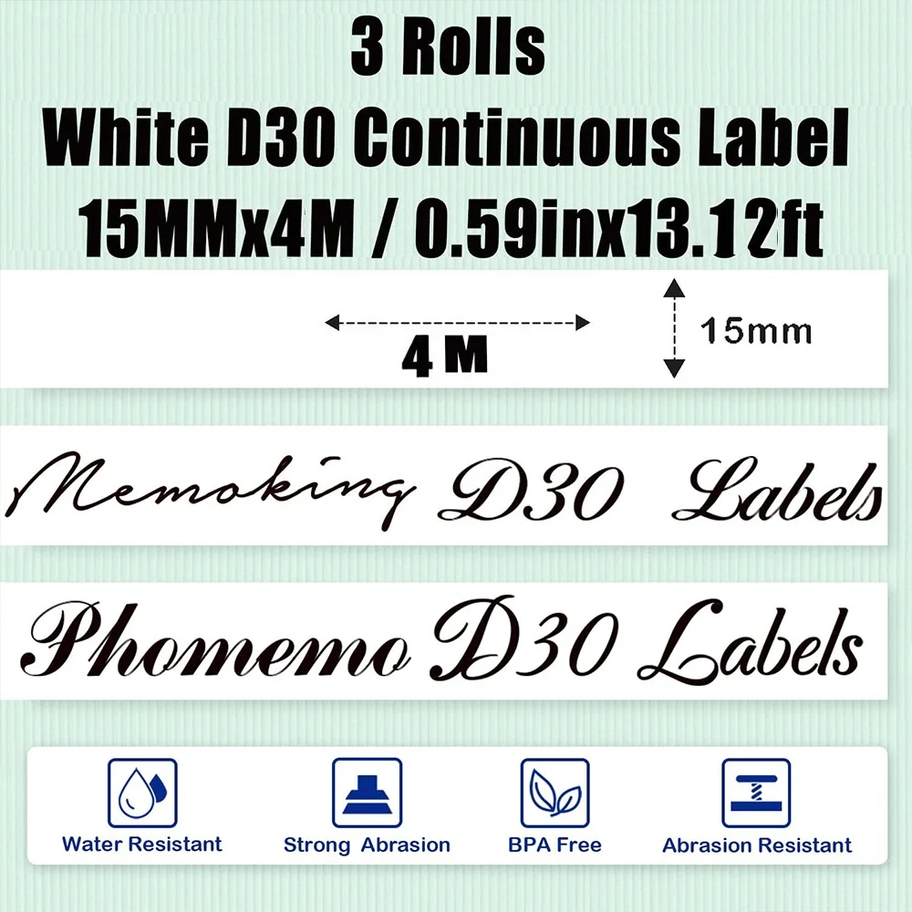 D30 شريط ملصقات مستمر حراري متوافق مع صانع الملصقات الصغيرة الذكية ملصقات طباعة بيضاء سبليت الظهر 15 مللي متر x4 متر 0.59 "x23'3 لفات