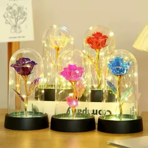 Rosa Encantada com Luz LED-Flor Eterna Decorativa em Cúpula de Acrílico