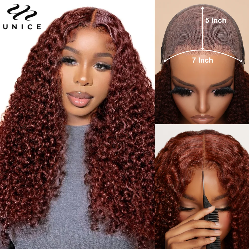 7x5 Inch Bye Bye Knots Lace Wig Pre Cut Pre Plucked Human Hair Lace Front Wig Reddish Brown Jerry Curly / Kinky Curly Wig