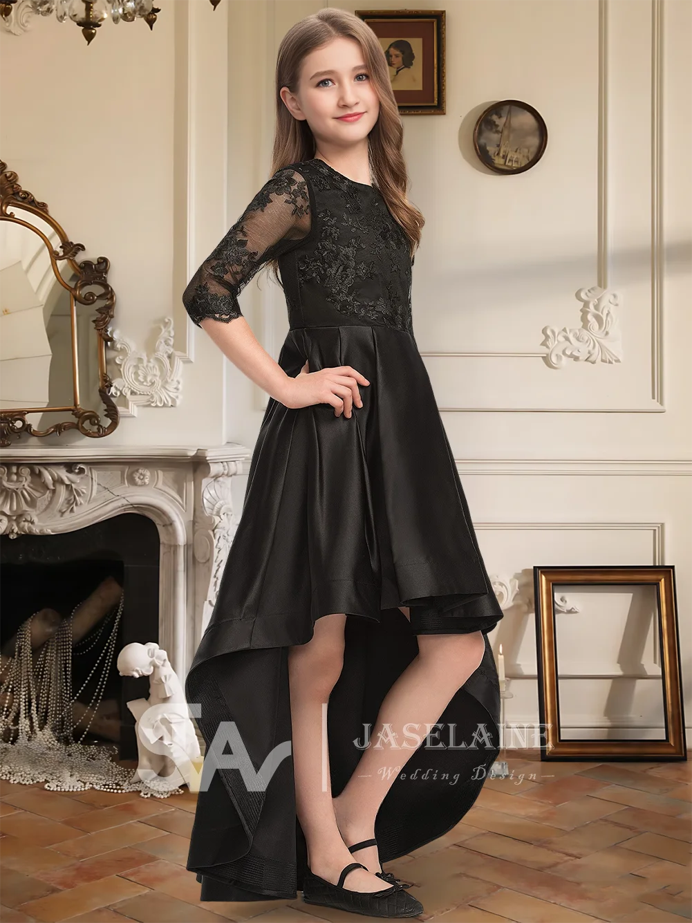 

A Kids A Line Scoop Junior Bridesmaid Dress Flower Girl Dress High Low Asymmetrical Satin Lace Half Sleeves Wedding Formal Dress