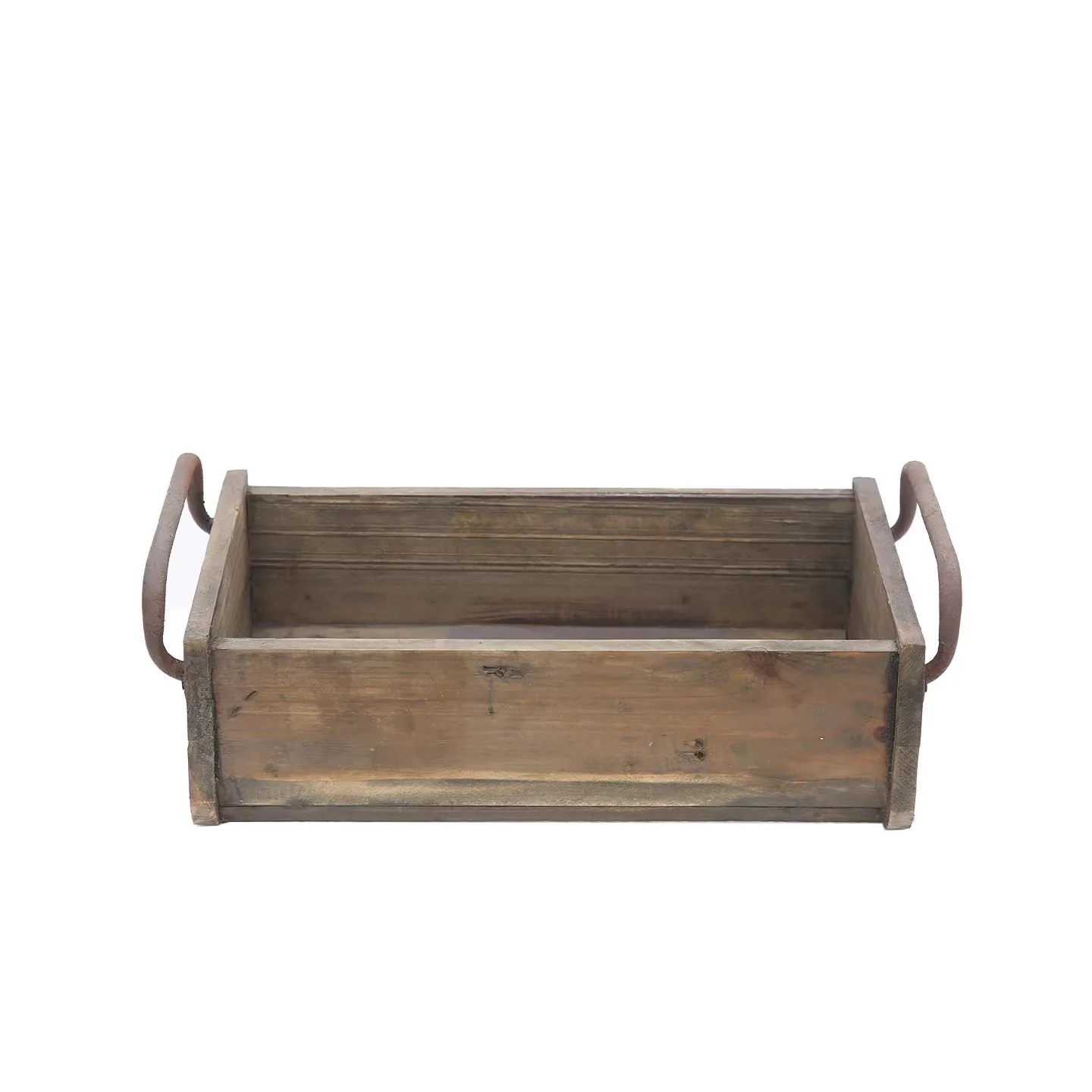 Rustic Solid Wood Storage Box with Iron Handles, Farmhouse Organizer Tray, Vintage Display Crate for Kitchen Garden