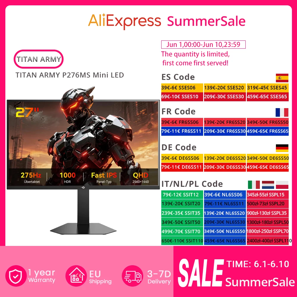 Moniteur de jeu TITAN ARMY P276MS 240Hz overclocké 275Hz plat 16:9 Fast IPS QHD 180 zones DyDs QD-Mini LED avec support de levage