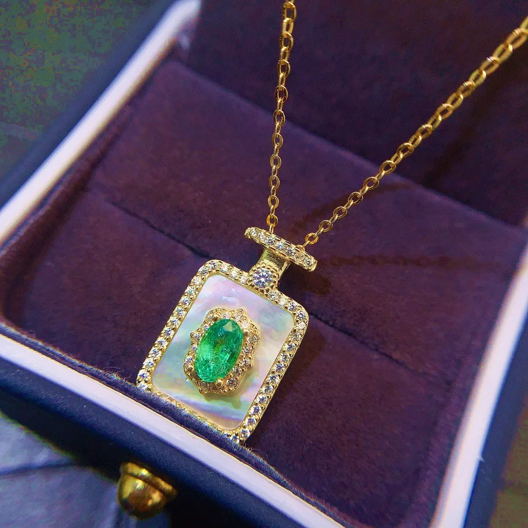 Boutique Jewelry Girl Pure Natural Emerald Necklace Pendant 925 Pure Silver Plated Gold Shell Christmas Gift for Girlfriend Wedd