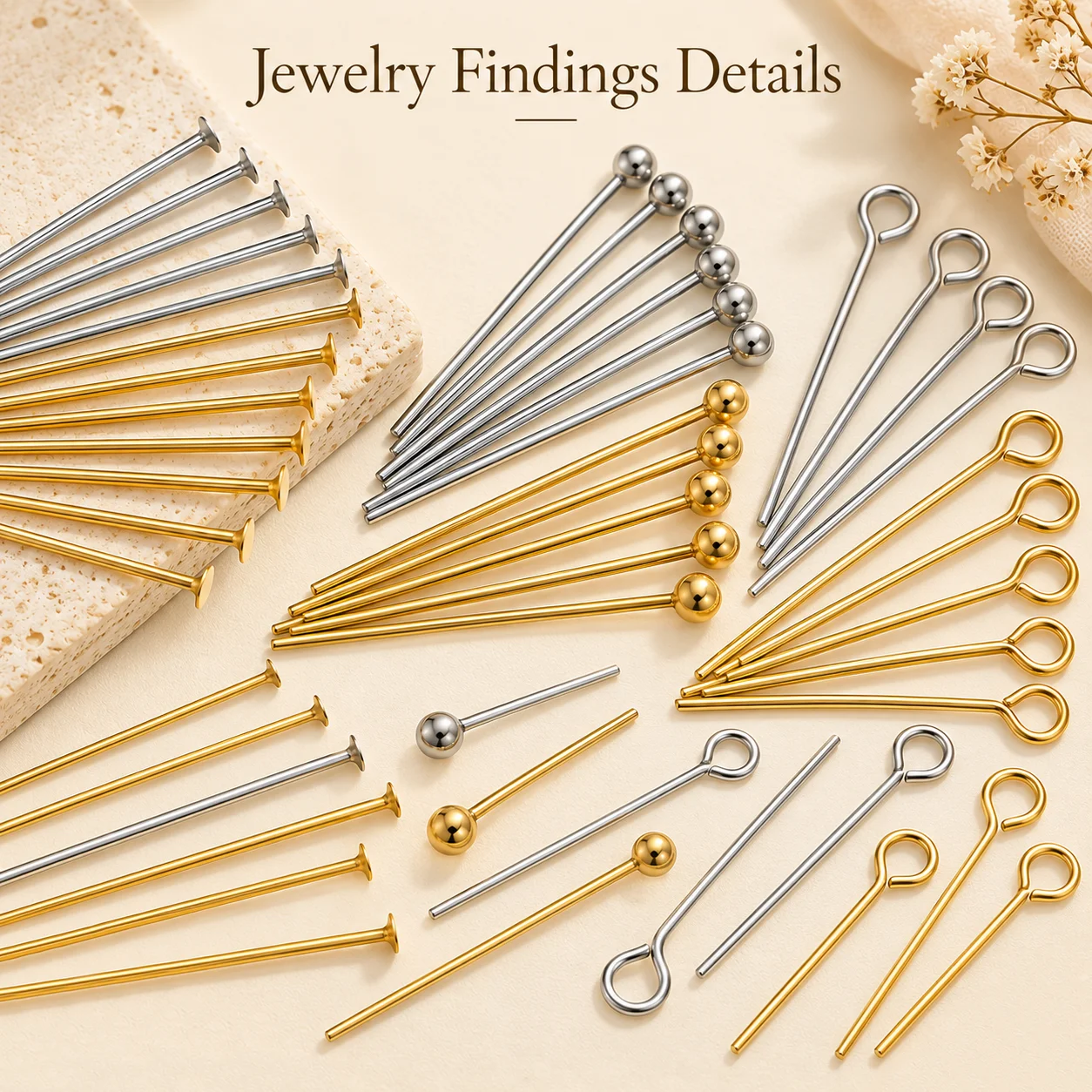 25mm 50/100pcs stainless steel gold plated stainless steel T pins bead pendant with spherical tip and connector