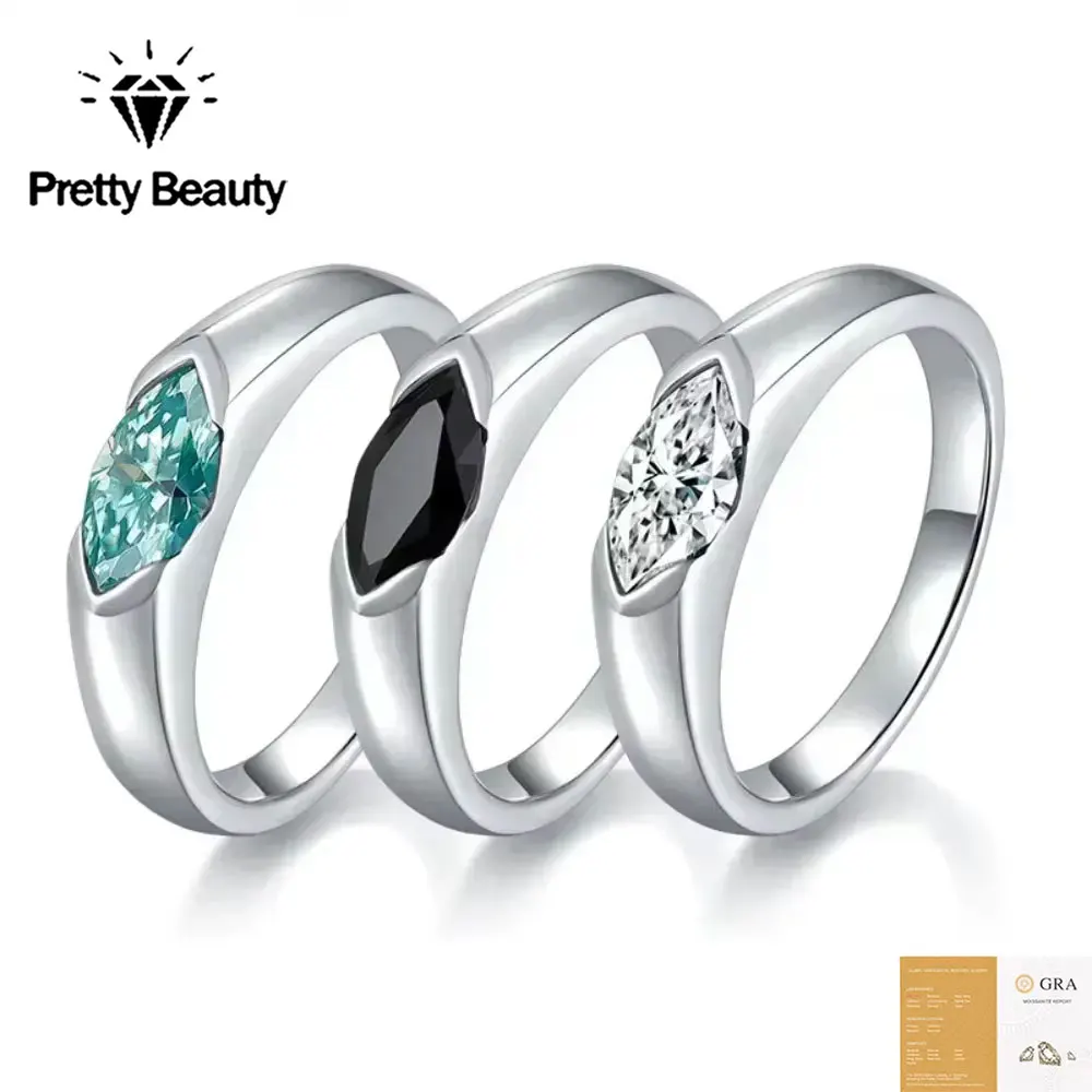 Pretty Beauty Teal Blue Moissanite Ring S925 Silver 1CT East West Bezel Setting Diamond Promise Ring for Women Wedding Jewelry