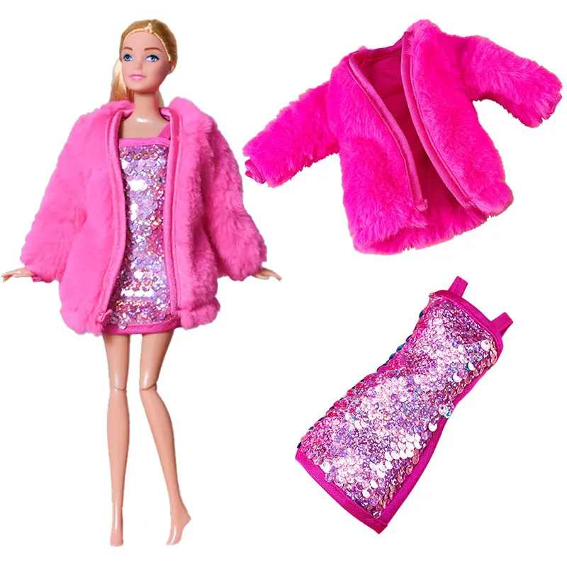 1 Set Doll Clothes For Barbie Plush Coat Jacket Dress Hats Sweater Earrings Necklace For 30cm Barbie Doll Accessories Girl\'s Toy