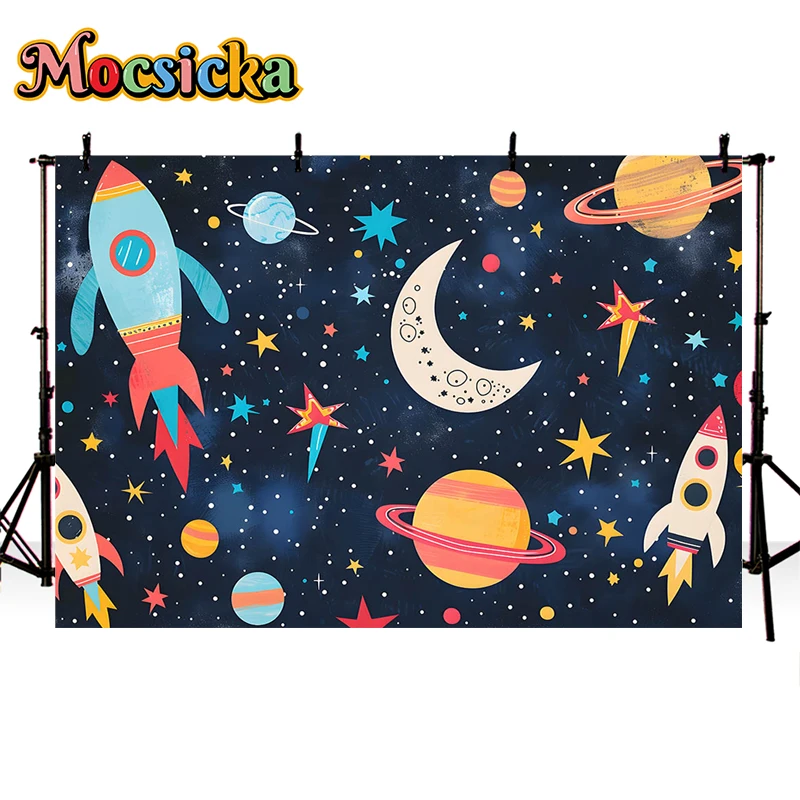 Mocsicka Photography Background Space Planet Rocket Decor Boy Birthday Party Newborn Shower Kids Portrait Backdrop Photo Studio