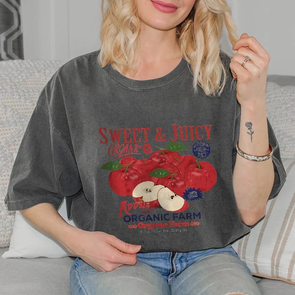 Fresh Apple Cute Fashion 2025 Hot Women Graphic Tshirt Vintage Casual Streetwear Y2k Style Cotton Tee Fashion Loose Fit Top