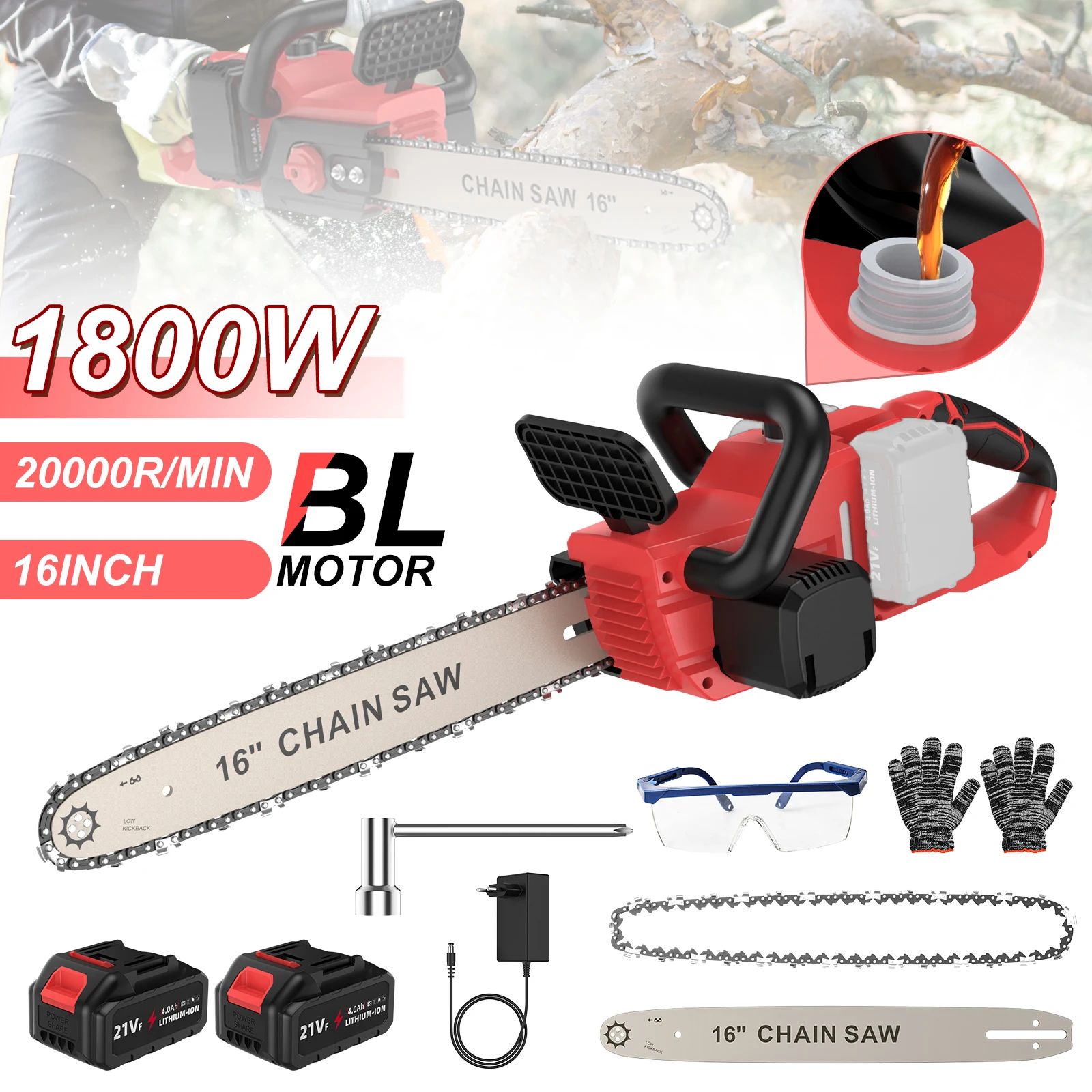 16-Zoll-Elektrosäge mit bürstenlosem Motor, Doppelbatterie, 21V 1800W Hochleistungs-Akku-Schneidemaschine, Makita-Schnittstelle, Lithium-Elektrosäge, Garten- und Holzbearbeitungswerkzeug, zwei Akkus
