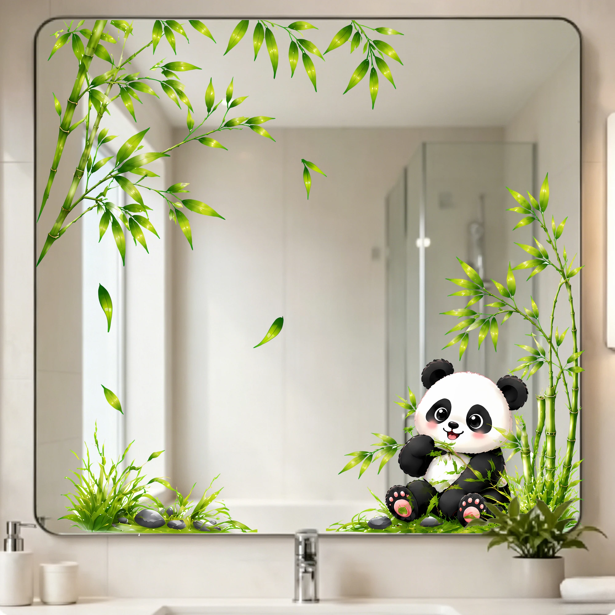 Cute Panda with Bamboo Bathroom Mirror Sticker, Green Leaf Wall Decal for Kids Room Toilet Glass Door Vanity Home Decoration view 2