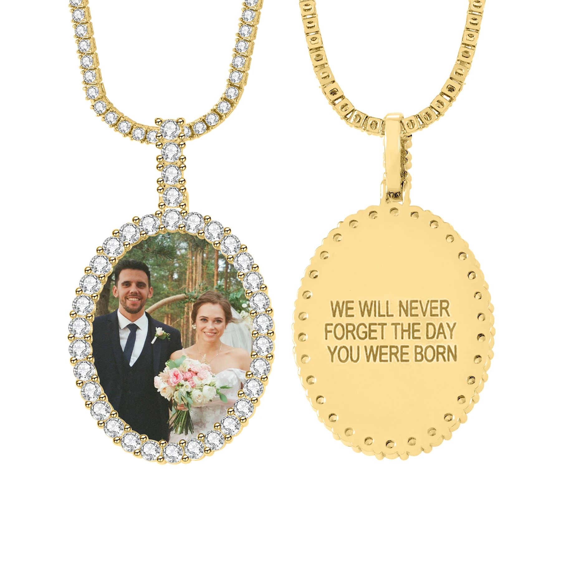 

Personalized Image Jewelry Zirconia Ice Out Oval Photo Frame Customized Text On Back Gold Color Tennis Chai Anniversary Gift