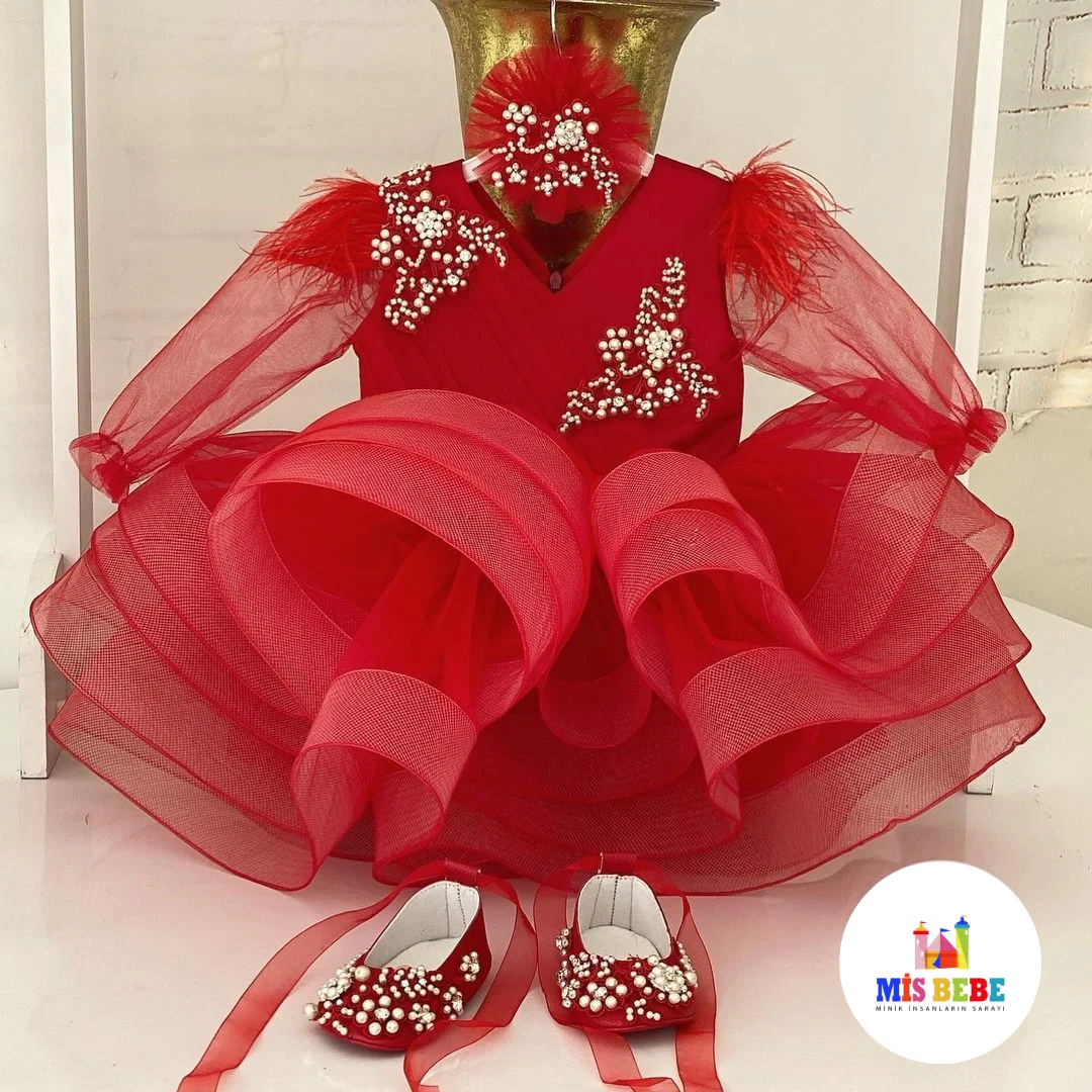 

3-Pcs Dress hair Clip Shoes Red Baby Girl Tutu Dress Toddler Princess Dress Fairy Tulle Girl Puffy Baby First Birthday Dress