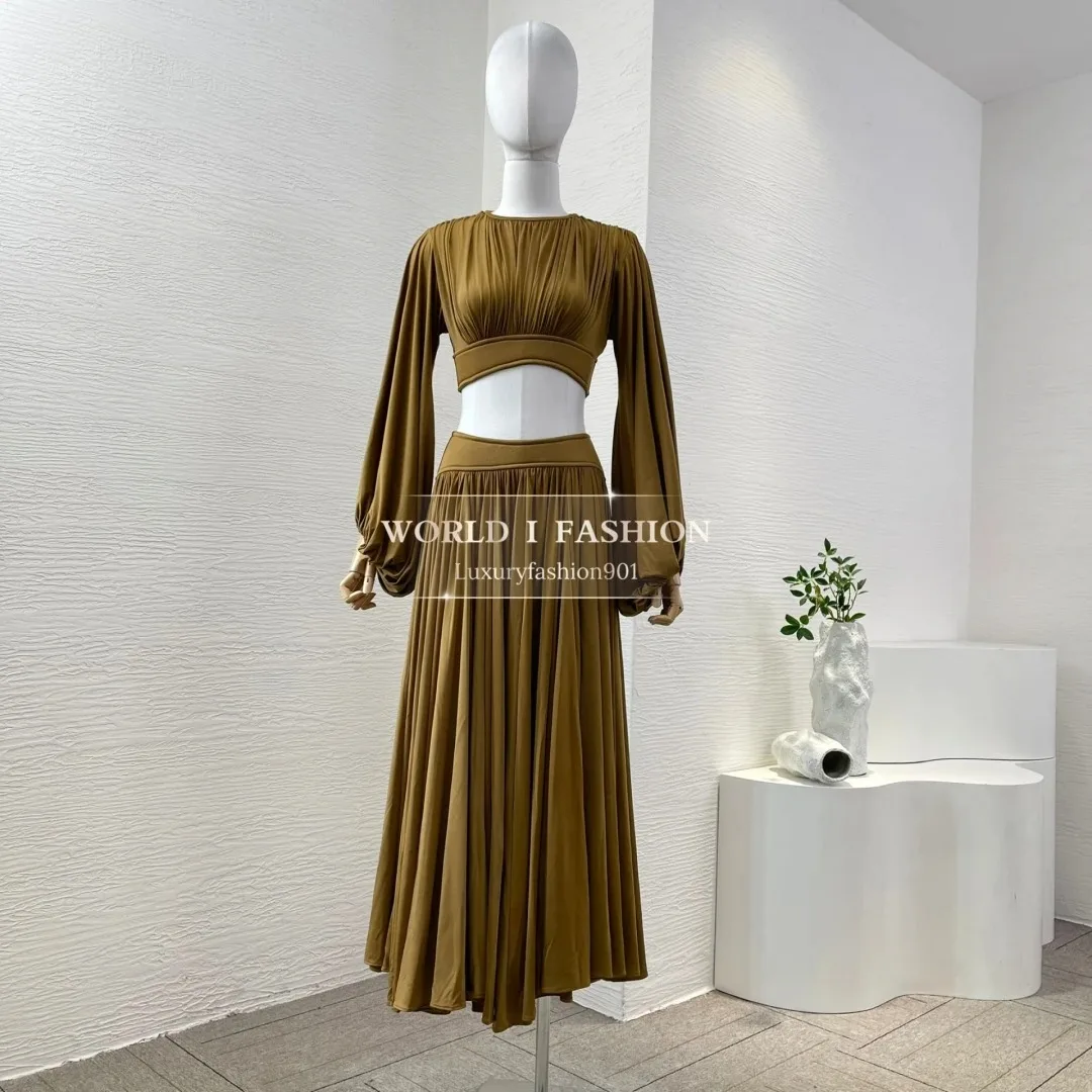 

Brown Long Sleeve 2025 New Women's Elegant Pleat Blosue Tops and Slit Hem Skirt Set for Holiday