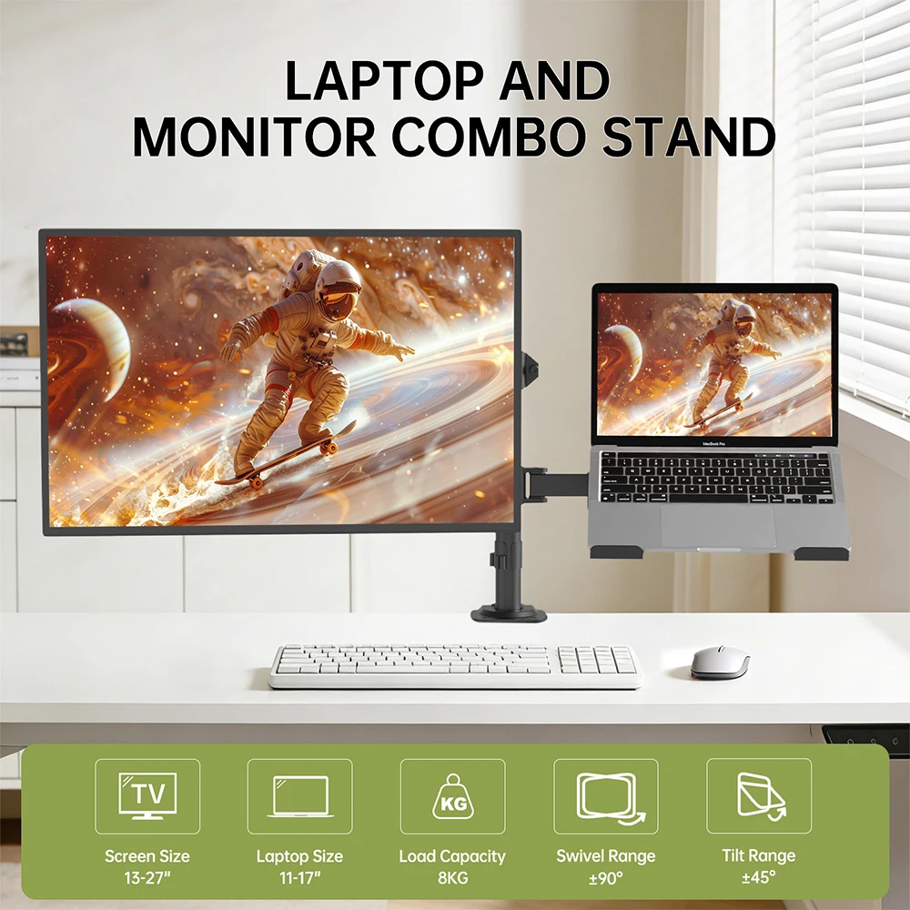 Soporte de escritorio de doble brazo para monitores LED/LCD de 13 a 27 pulgadas y portátiles de hasta 17 pulgadas, soporte ajustable con clip, fácil instalación