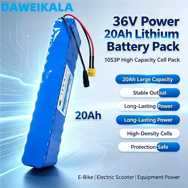 DAWEIKALA 36 Volt 20Ah 10-Saiten 3-Parallel 18650 Lithium-Akkupack 42 Volt 350 Watt~750 Watt Fahrrad-/Roller-spezifisch mit XT60+DC-Stecker und eingebautem Batteriemanagementsystem (BMS)