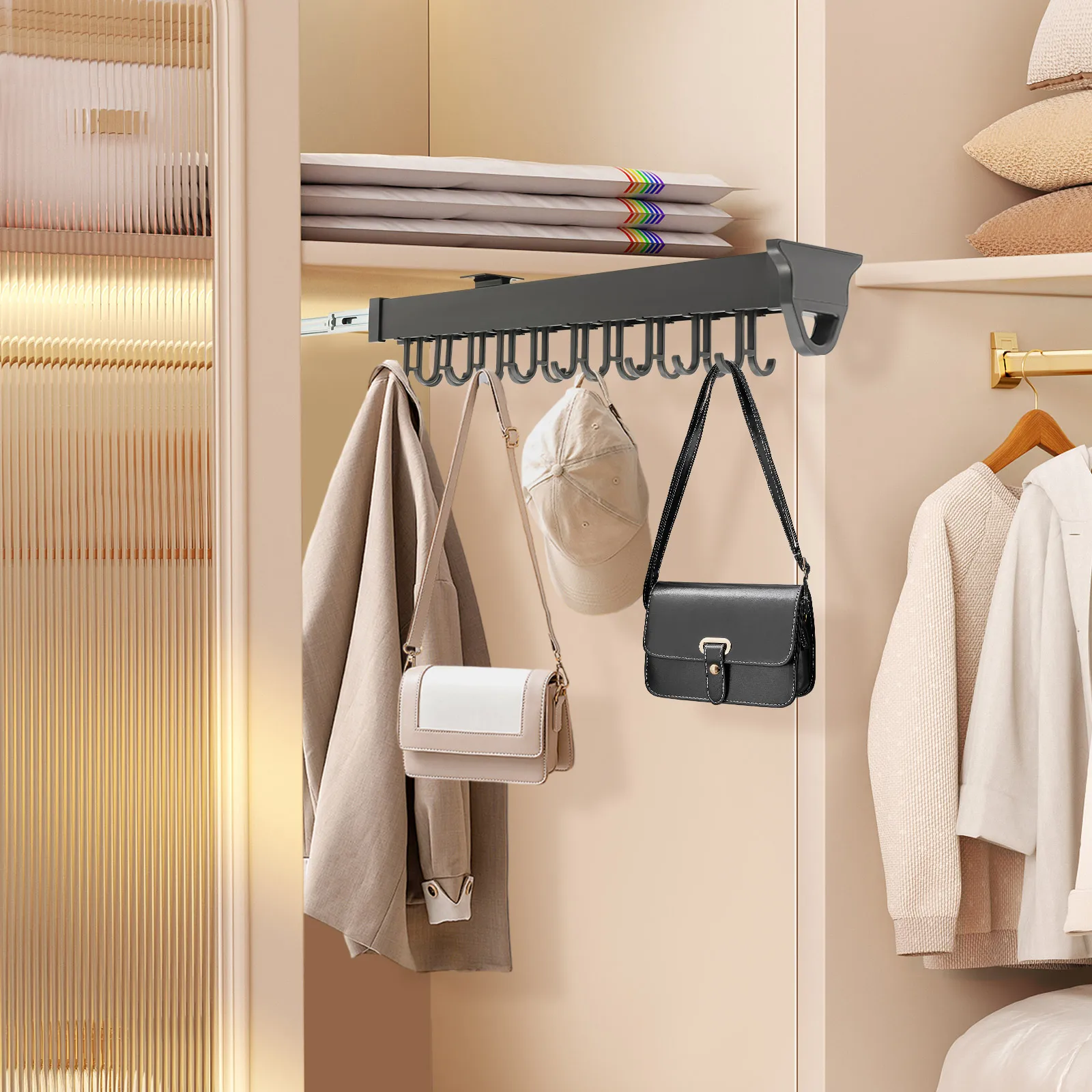 

20-Hook Retractable Storage System, Aluminum Broom Holder with Slide Rails, Multifunctional Wall Mounted Organizer
