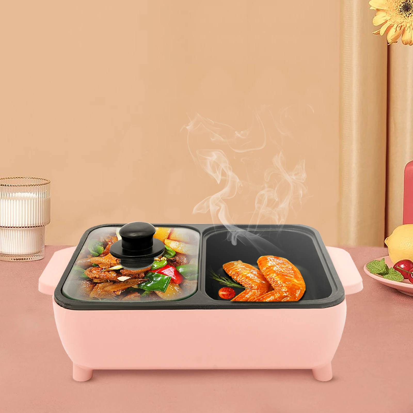 

2-in-1 Electric Grill and Hot Pot, Smokeless Griddle, Portable Non-Stick Teppanyaki Pan, Ideal for Indoor/Outdoor Parties