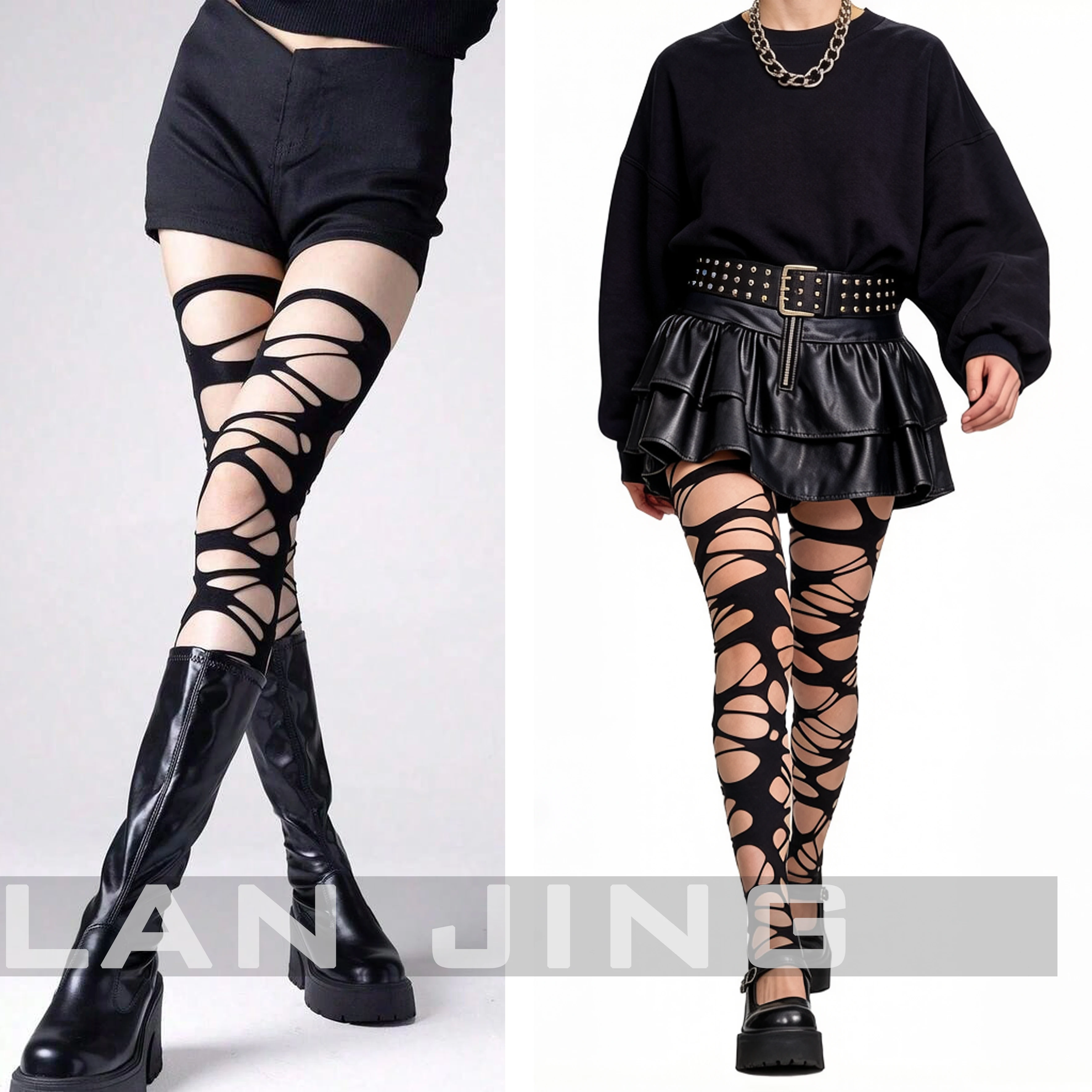 2PC Set {Ripped Pantyhose / Ripped Thigh High Socks}，Fashion Punk Torn Strap Holes Tights Nue Sexy Lolita Gothic Spider Web Stockings Ladies Y2k Black Mesh Soft Tights High Hosiery