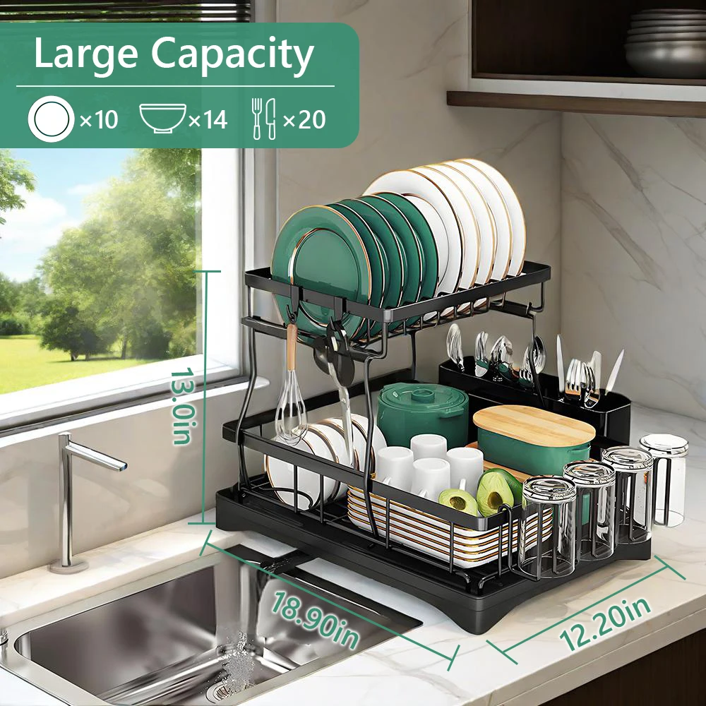 

Home Kitchen 2-Tier Stainless Steel Foldable Dish Racks ,18.9"x12.2"x11.8"in, Black