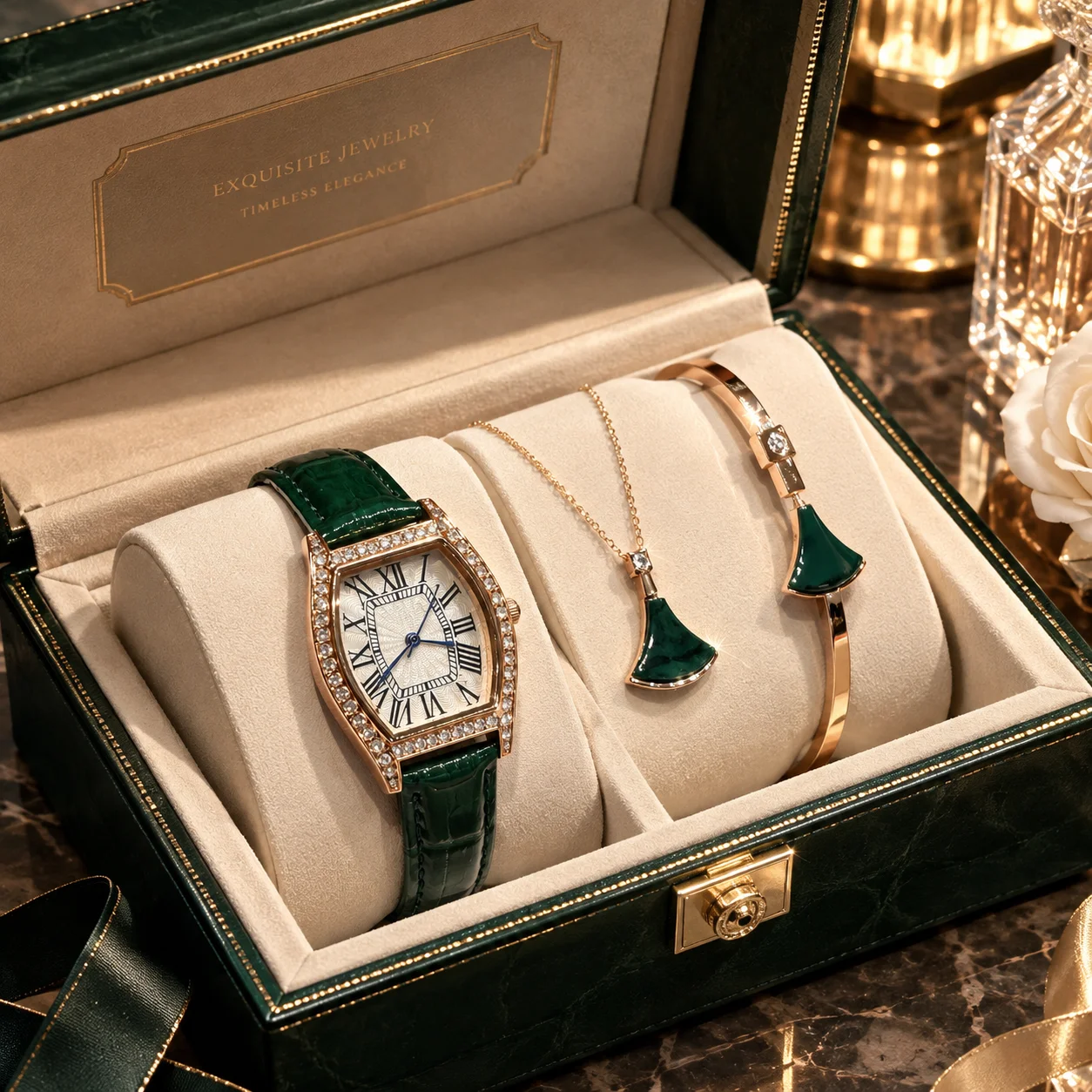 KAIRIS Women's Quartz Watch Gift Set Red Leather Strap Rhinestone Rectangle Dial Necklace Bracelet Luxury Jewelry Gift Box for L
