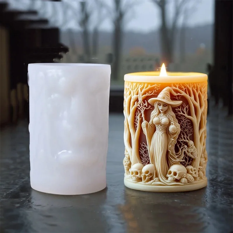 DIY Witch Cylinder Candle Silicone Mold Skull Relief Cylinder Resin Silicone Mould Halloween Gift Witch Cylinder Gypsum Molds — zdjęcie 2
