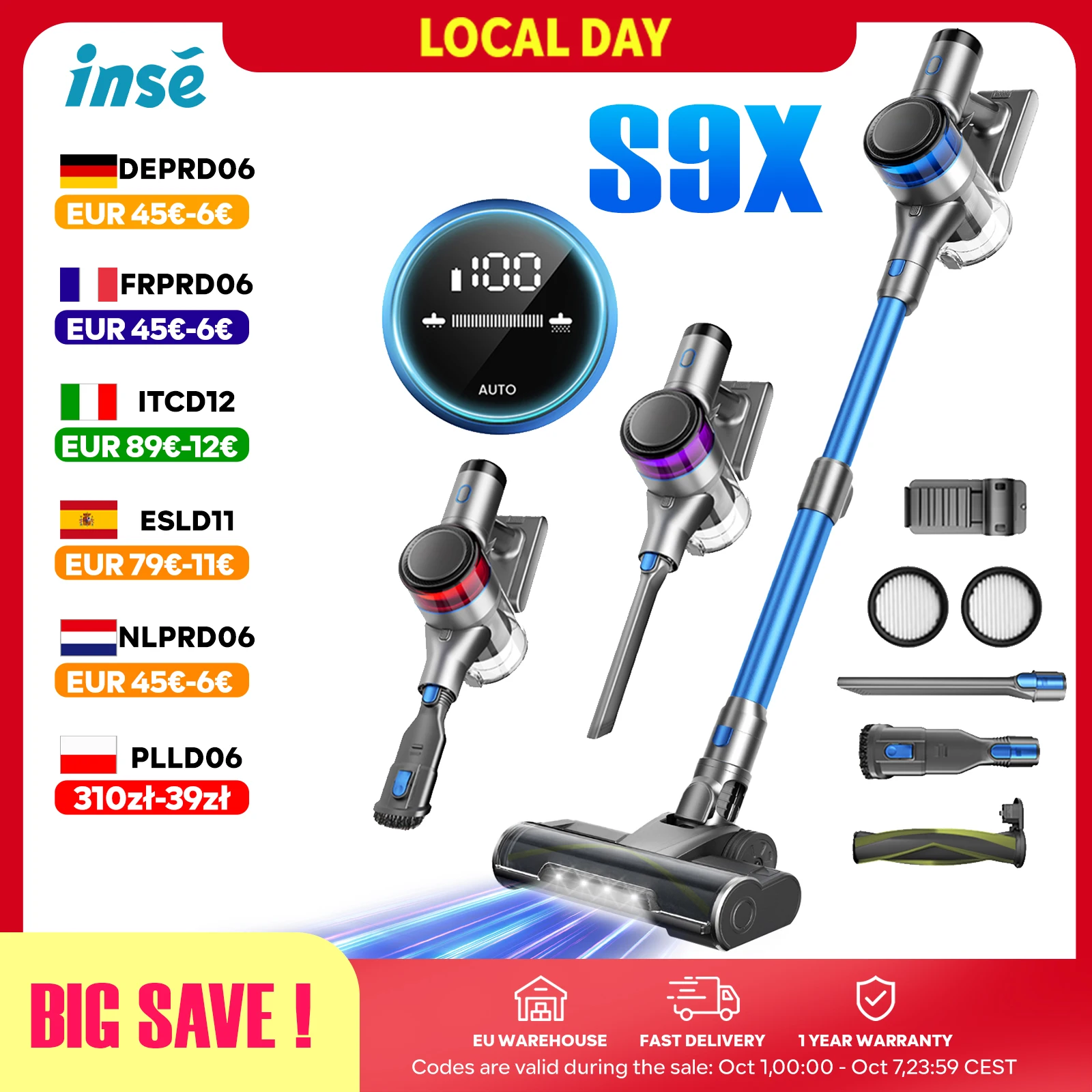 Inse S9X Aspirapolvere Senza Fili, 70KPa 400W, Tazza di Raccolta Polveri da 1L, per 55 Minuti, 3 Colori di Luci per Mostrare la Carica Residua, per Pavimenti, Tappeti e Capelli